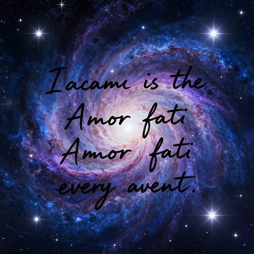 Photograph of a swirling, colorful galaxy with stars, overlaid with black cursive text: 