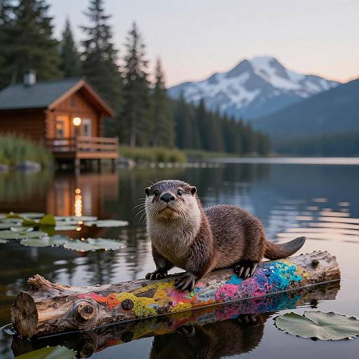 Otter on Colorful Log in Lakeside Twilight