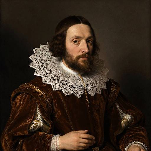 Portrait of a bearded, middle-aged man with long dark hair, wearing a brown velvet robe and intricate white lace collar, against a dark background.