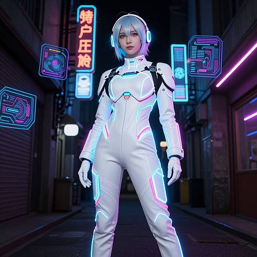 Cyberpunk woman in white, glowing bodysuit, neon-lit alley, futuristic cybernetic headset, blue and pink accents, Japanese neon