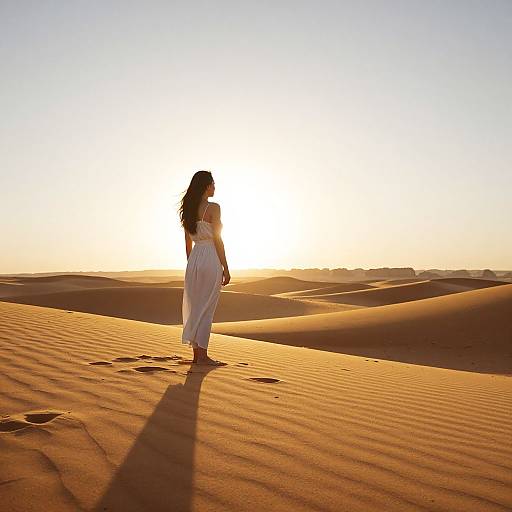 Silhouetted woman in white dress walking on sunlit desert sand dunes, casting long shadow, golden sunset, clear sky. Photographic image