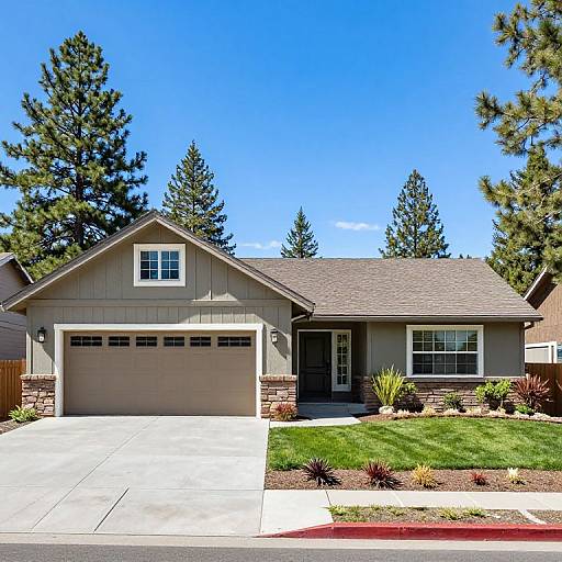 Photograph of a suburban beige single-story house with a grey roof, white windows, attached garage, green lawn, and tall pine trees in the background