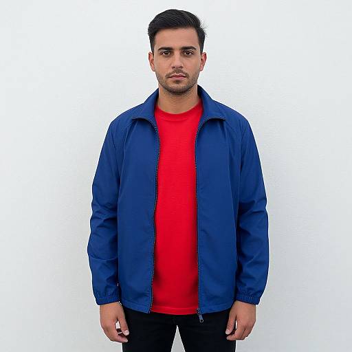 Man in Trendy Red Shirt and Blue Jacket