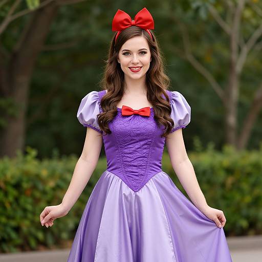 Photograph of a fair-skinned woman with long brown hair, wearing a purple and white Disney-inspired dress with red bow, red bowtie, and