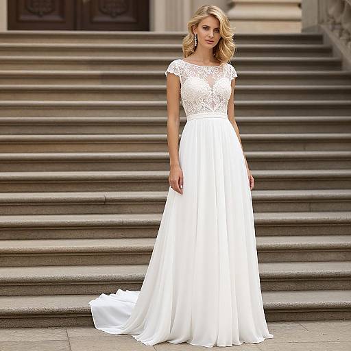Photograph of a blonde woman with wavy hair, wearing a white lace bodice wedding gown with a flowing skirt, standing on stone steps in front