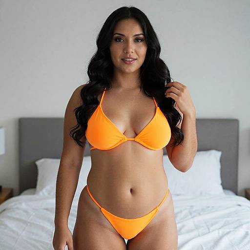 Curvy Latina Woman in Orange Bikini