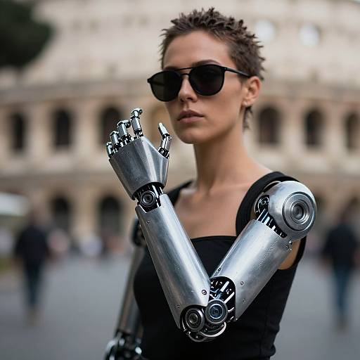 Photograph of a short-haired woman wearing black sunglasses and a black top, with robotic silver arms, standing in a blurred urban background.