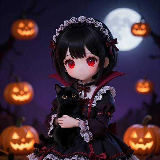 Digital anime artwork of a pale-skinned, big-eyed girl with black hair and red eyes, in a gothic lace dress, holding a black cat