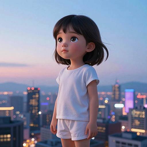 Giant Little Girl Over Cityscape at Twilight