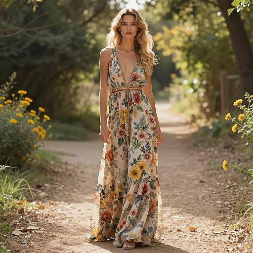 Woman in Floral Maxi Dress on Woodland Path