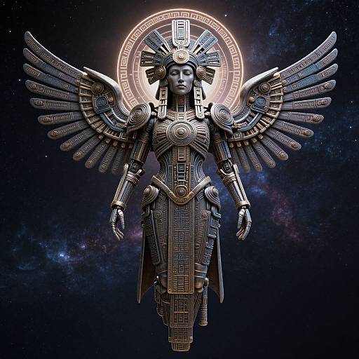 Digital artwork of a robotic angel with intricate metallic wings and headdress, floating in space, halo glowing behind, cosmic background.