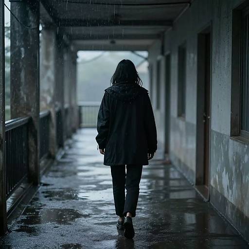 Solitary Figure in Rain-Slicked Corridor
