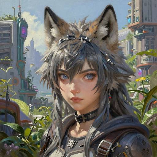 Digital artwork of an androgynous, blue-eyed, gray-haired anime character with cat ears, wearing a black choker and futuristic armor, set