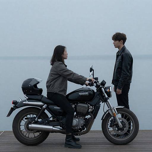 Couple on Motorcycle at Misty Dock