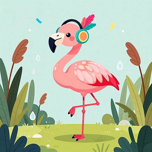 Bright digital illustration of a pink flamingo with blue headphones, red feathers, and a cheerful expression, standing on one leg in a vibrant, tropical grass