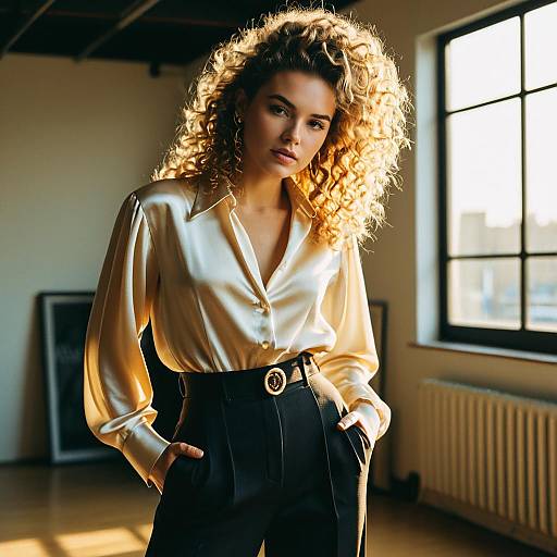Fashion Model with Curly Mullet Hairstyle in Golden Hour Light