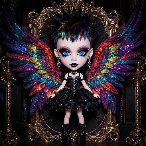 Digital art of a gothic doll with striking blue eyes, black dress, and vibrant, multicolored feathers, framed by ornate gold patterns.