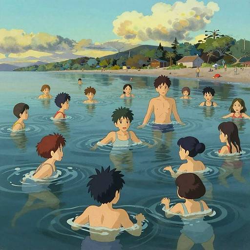 Painterly Beach Crowd Inspired by Ghibli