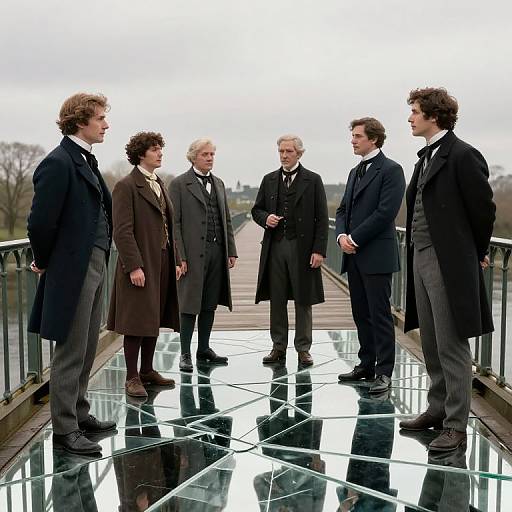 Victorian Engineers Debating Surreal Mirror Bridge