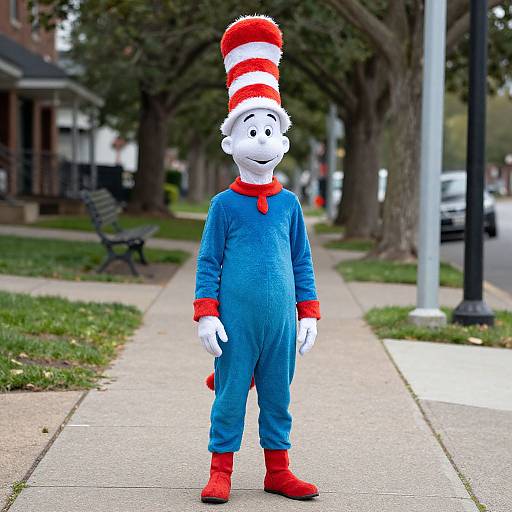 Photograph of a person in a blue Cat in the Hat costume with red hat, collar, cuffs, and boots, standing on a suburban sidewalk.