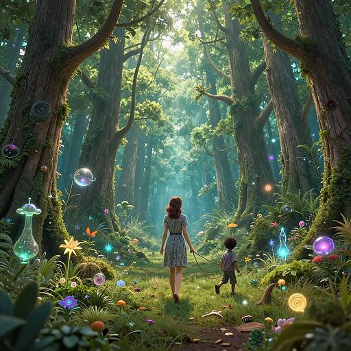 Digital art: A young woman with brown hair in a white dress walks through a magical forest with a small boy, surrounded by glowing mushrooms, flowers,