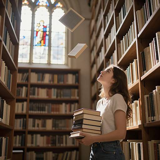 Photograph of a young woman with long brown hair, white t-shirt, and blue jeans, standing in a sunlit library, books in hand,