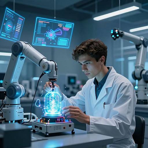 Photograph of a young male scientist with curly brown hair, in a white lab coat, working with a glowing blue plasma lamp in a futuristic laboratory with