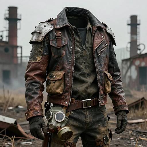 Photograph of a faceless, rugged post-apocalyptic figure in a worn leather jacket, gas mask, camouflage pants, and gas mask holsters,