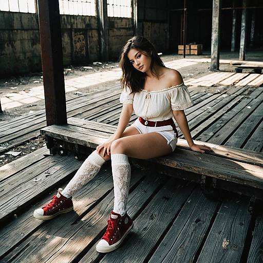 Young Woman in Casual Fashion Sitting on Wooden Floor