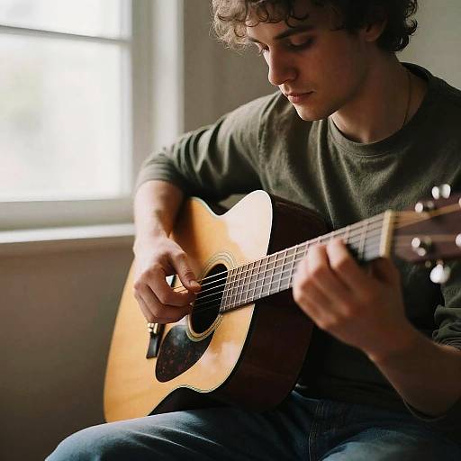 Photograph of a young man with curly brown hair, wearing a green shirt and blue jeans, playing a wooden acoustic guitar indoors. Bright window light in