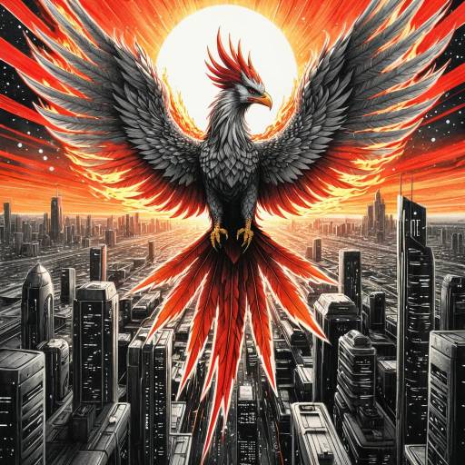 Ethereal Phoenix Soaring Over Futuristic City