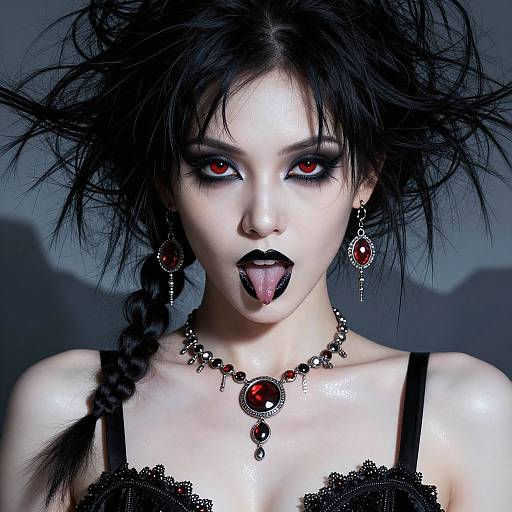 Digital gothic portrait of pale woman with wild black hair, red eyes, black lipstick, tongue out, wearing red gem jewelry, black lace top,