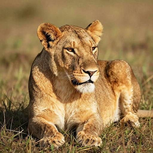Photograph of a young lioness with golden-brown fur, lying in grassy savannah, eyes focused, sunlight casting shadows on her face and