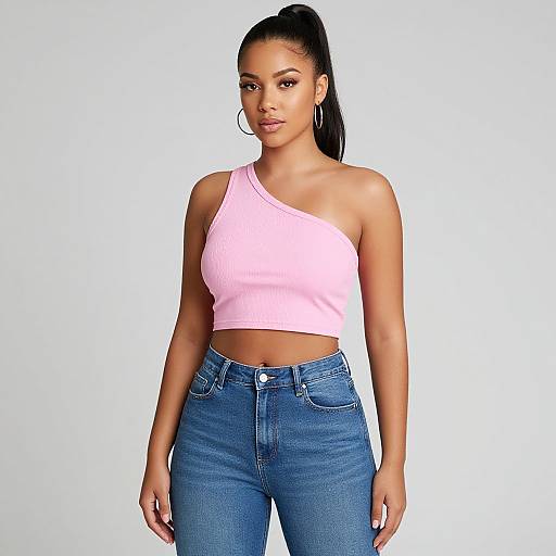Photograph of a young, dark-skinned woman with a high ponytail, wearing a pink one-shoulder crop top and high-waisted