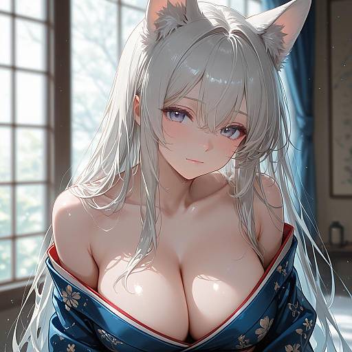 Blushing Kimono Girl with Animal Ears