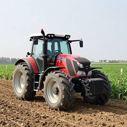 Photograph of a red and black modern tractor with large tires, plowing a vibrant green field under a clear blue sky.