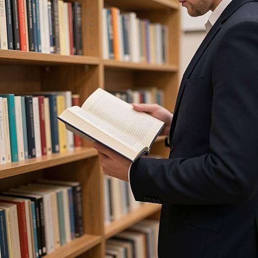 Photograph of a man in a black suit reading a book in a library, surrounded by colorful, neatly arranged bookshelves.
