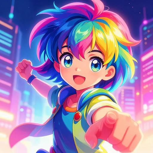 Vibrant anime-style digital drawing of a young boy with multicolored hair and large blue eyes, reaching out in a neon-lit cityscape
