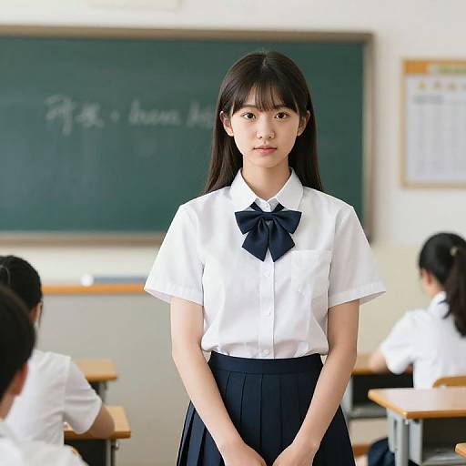 Photograph of an Asian high school girl with straight black hair, wearing a white shirt and navy bow, standing in a classroom with a chalkboard and