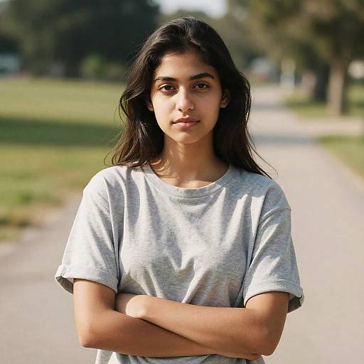 Young Woman Standing Outdoors on Sunlit Path