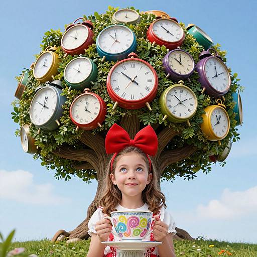 Photograph of a young girl with brown hair, red bow, white dress, holding colorful teacup, standing in front of a clock tree with