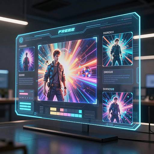 Digital display screen in a dark room showing a futuristic, neon-lit profile of a male character with glowing effects and stats.