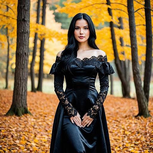 Woman in Elegant Black Dress in Autumn Forest