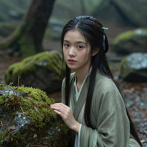 Photograph of an East Asian woman with long black hair in a green kimono, standing in a mossy, rain-soaked forest. Her expression