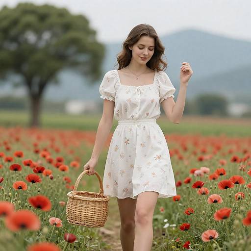Young Woman in White Dress in Poppy Field
