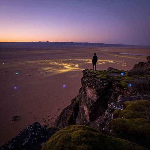 Photograph of a person in silhouette standing on mossy cliff at sunset, overlooking a vast, illuminated, tidal flat landscape.