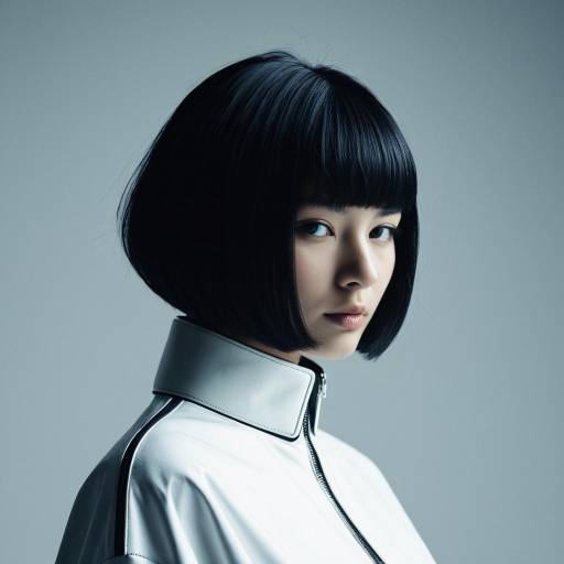 Asian Woman with Asymmetrical Bob Hairstyle in Futuristic Fashion