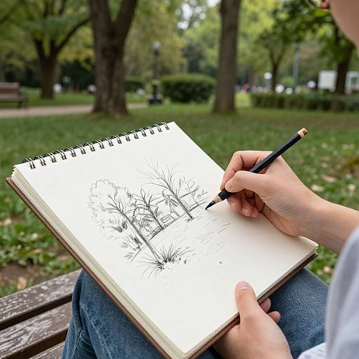 Photograph of hands drawing black trees on white paper with a pencil in a park, with green grass and trees in the background.