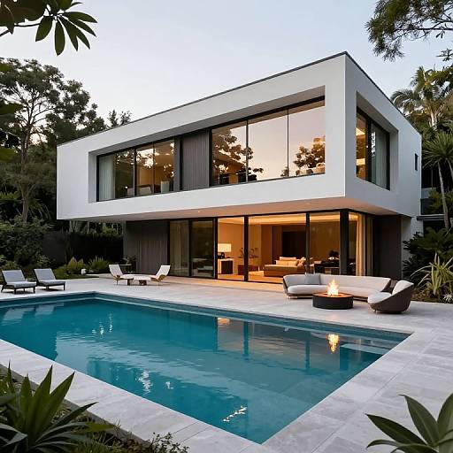 Photograph of modern two-story house with large glass windows, white exterior, blue pool, lounge chairs, and outdoor fire pit at dusk.