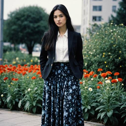 Woman in Floral Skirt and Blazer Outdoors